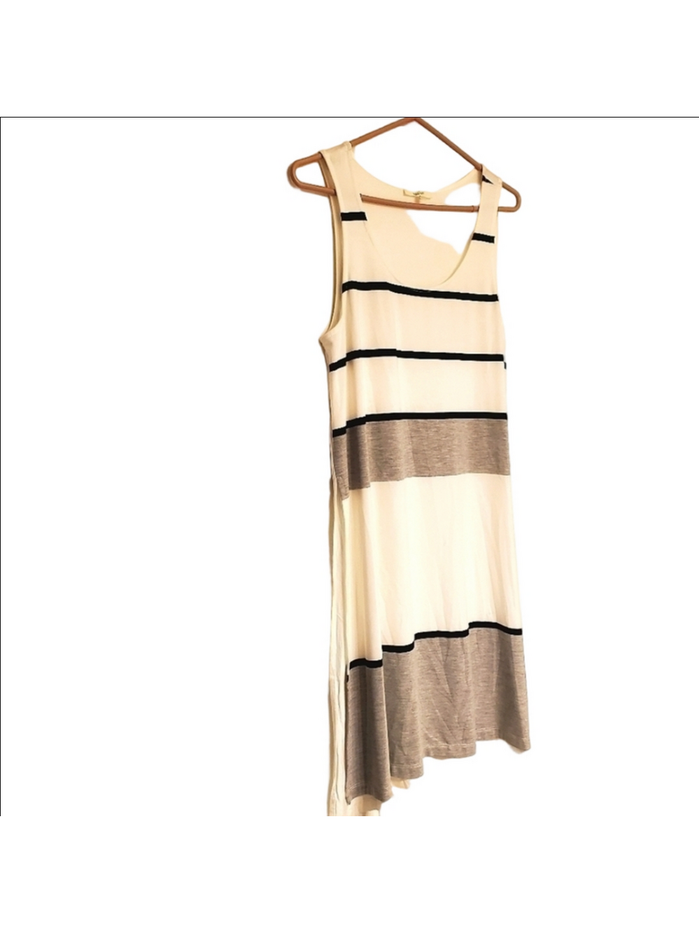 Mystree Exercise Midi Dress Striped Sleeveless Lightweight White Gray Black